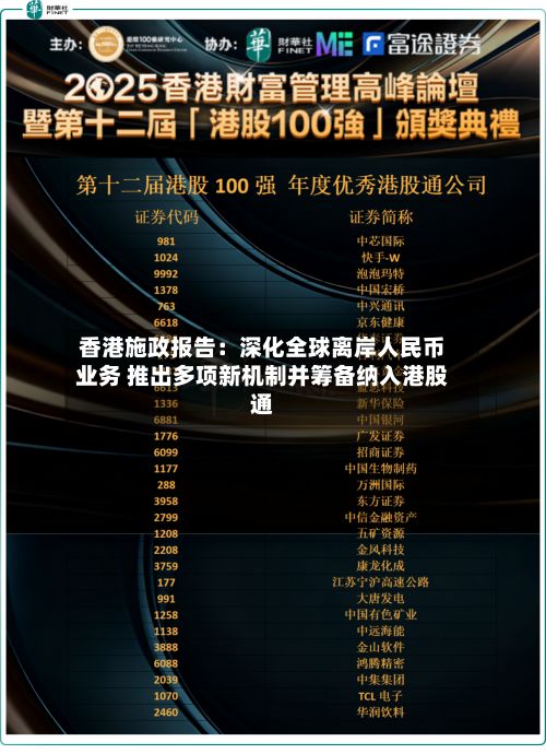 香港施政报告：深化全球离岸人民币业务 推出多项新机制并筹备纳入港股通