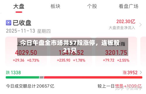 今日午盘全市场共57股涨停，连板股21只