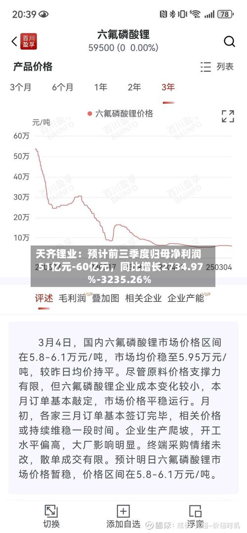 天齐锂业：预计前三季度归母净利润51亿元-60亿元	，同比增长2734.97%-3235.26%-第2张图片