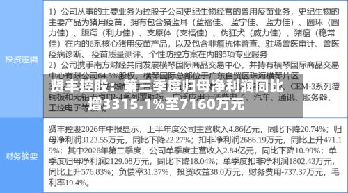 贤丰控股:第三季度归母净利润同比增3315.1%至7160万元