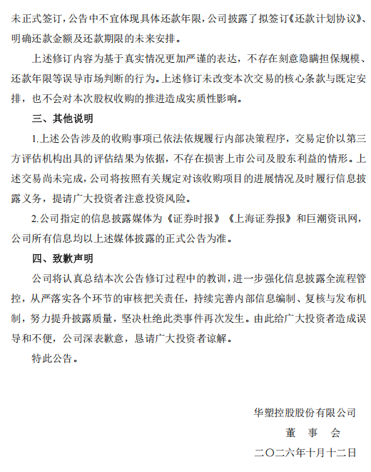 华塑控股致歉：工作人员上传失误出现修订痕迹，不存在刻意隐瞒或误导市场行为