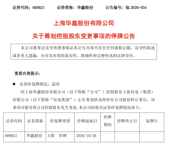 明起停牌！600621	，控股股东拟变更