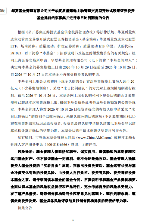 首批主动ETF发行“加速跑”：18只中5只提前结募，华夏	、华泰柏瑞今日触顶配售